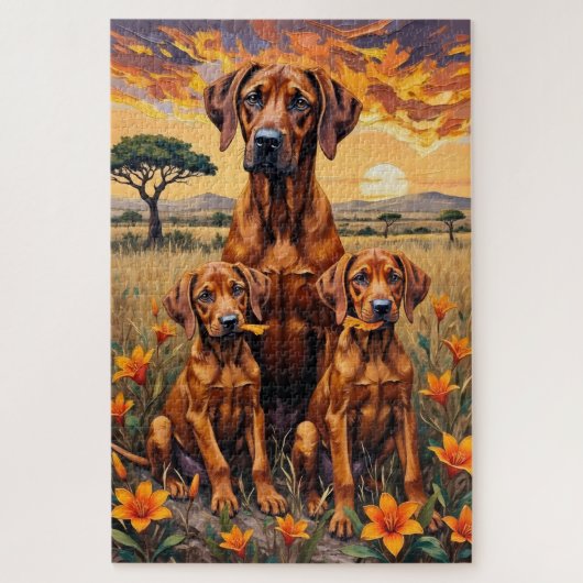 Rhodesian Ridgeback Savanna Sunset Art ジグソーパズル (縦)