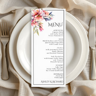 Rhododendron and peach flowers wedding menu card ラックカード