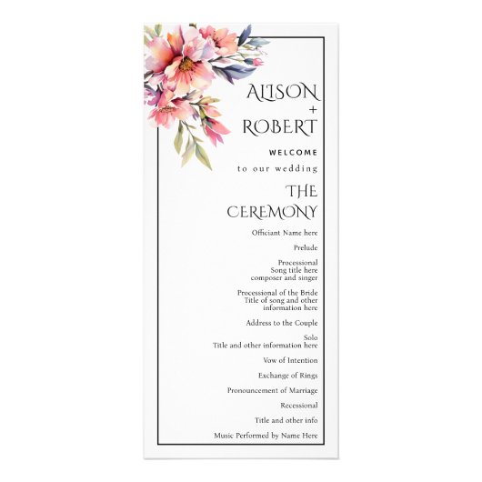 Rhododendron branch, peach flowers wedding program ラックカード (正面)