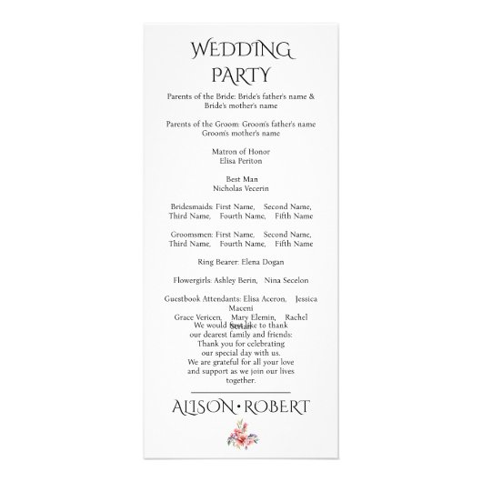 Rhododendron branch, peach flowers wedding program ラックカード (裏面)