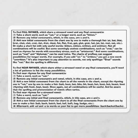 Rhyme Guide On A Card For Poets And Songwriters (裏面)