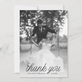 Ribbon Black Script Minimalist Wedding Photo  サンキューカード