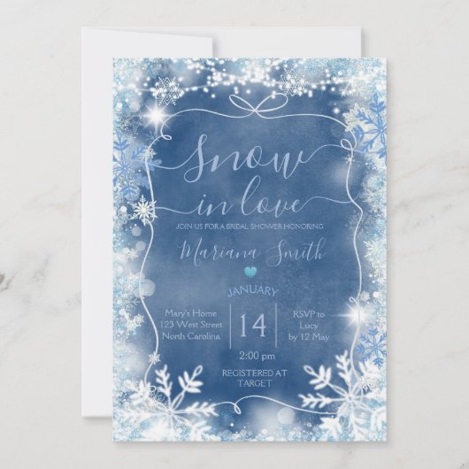 Ribbon Blue Snow in Love Snowflake Bridal Shower  招待状 (正面)