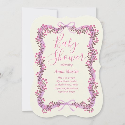 Ribbon Bow and Greenery Baby Shower Invitation 招待状 (正面)