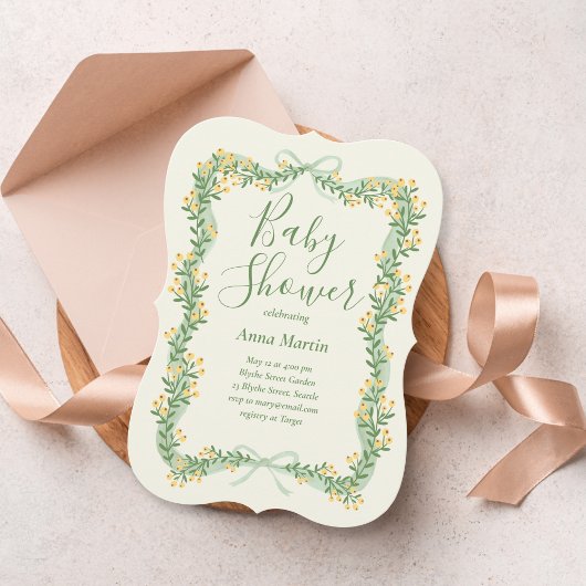 Ribbon Bow and Greenery Baby Shower Invitation 招待状