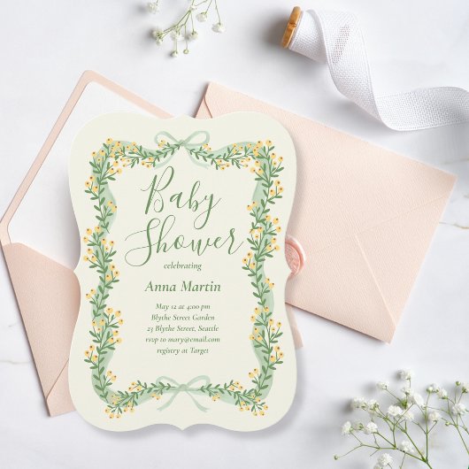 Ribbon Bow and Greenery Baby Shower Invitation 招待状