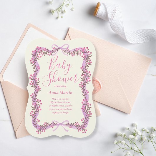 Ribbon Bow and Greenery Baby Shower Invitation 招待状