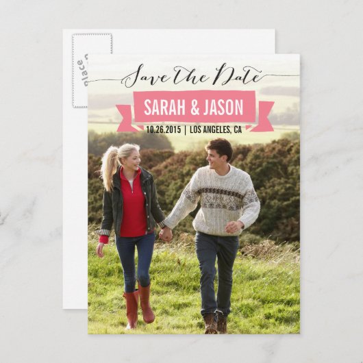 RIBBON SAVE THE DATE PHOTO POSTCARD - CORAL 案内ポストカード (正面/裏面)