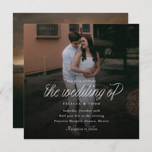 Ribbon Script Minimalist Square Wedding Photo 招待状 (正面/裏面)