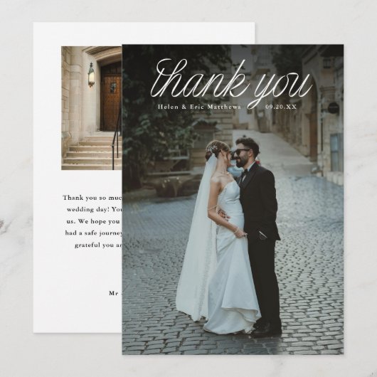 Ribbon Script Top Minimalist Wedding Photo  サンキューカード (正面/裏面)