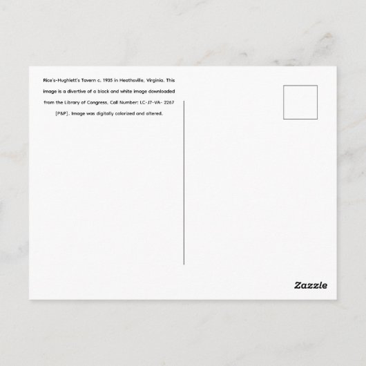Rice’s-Hughlett’s Tavern c. 1935, Heathsville, VA ポストカード (裏面)