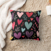 Rich Black Playful Hand-Drawn Hearts Throw Pillow クッション (ブランケット)