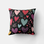 Rich Black Playful Hand-Drawn Hearts Throw Pillow クッション (裏面)