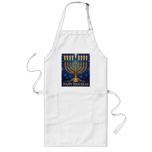 Rich Blue & Gold Jeweled Hanukkah  ロングエプロン (正面)