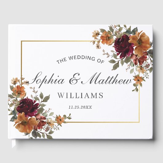 Rich Burgundy Rust Burnt Orange Floral Wedding ゲストブック (正面)