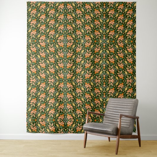 Rich Floral Pattern: Peach Flowers and Green Leave タペストリー (インサイチュ)
