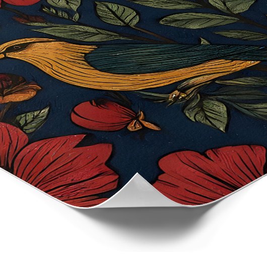 Rich Indigo Folk Flora Wallpaper Pattern ポスター (角)