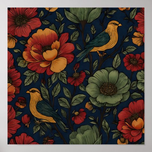Rich Indigo Folk Flora Wallpaper Pattern ポスター (正面)