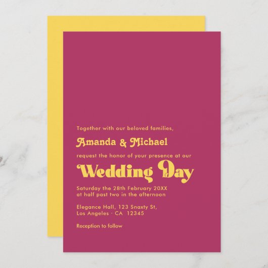Rich Maroon and Mustard Retro Typography Wedding 招待状 (正面/裏面)