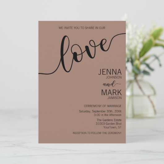 Rich Mocha Black Love Script Minimalist Wedding 招待状 (スタンド正面)