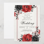 Rich Red Floral Romance Wedding 招待状 (正面/裏面)