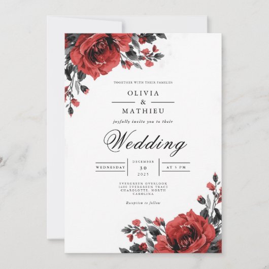 Rich Red Floral Romantic Wedding 招待状 (正面)