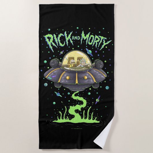 RICKおよびMORTY™ | 図解入りの、写真付きの宇宙フライトグラフィック ビーチタオル (正面)
