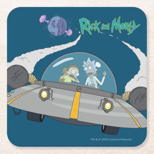 RICKとMORTY™|オフ飛んでいる宇宙船 スクエアペーパーコースター (正面)