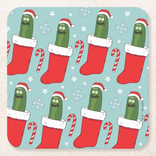 Rick and Morty | Christmas Pickle Rick Pattern スクエアペーパーコースター (正面)