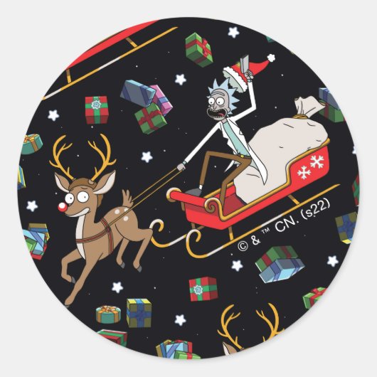 Rick and Morty | Christmas Reindeer Sleigh Pattern ラウンドシール (正面)