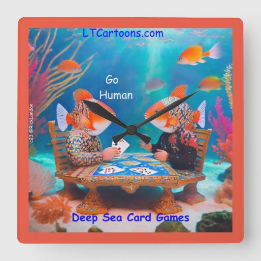 Rick London Fish Playing "Go Fish" Card Game Comic スクエア壁時計 (正面)