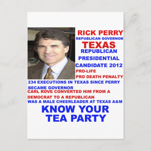 Rick Perry(テキサス州茶パーティー知事) ポストカード (正面)