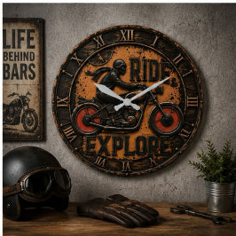 Ride & Explore Motorcycle Vintage Adventure Biker ラージ壁時計
