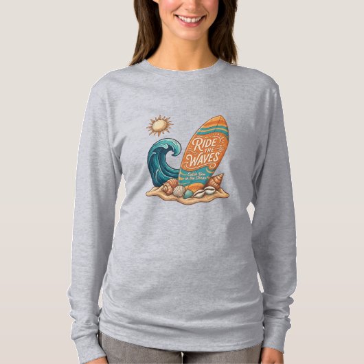 Ride the Waves Surfboard Illustration - Long Sleev Tシャツ (正面)