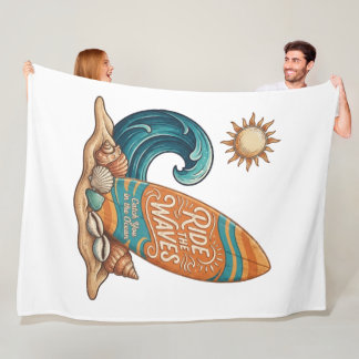 Ride the Waves Surfboard Illustration - Tropical B フリースブランケット