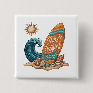 Ride the Waves Surfboard Illustration - Tropical B 缶バッジ