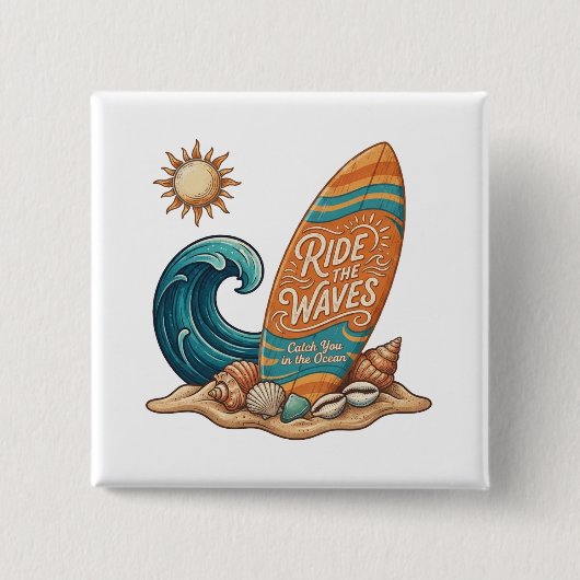 Ride the Waves Surfboard Illustration - Tropical B 缶バッジ (正面)