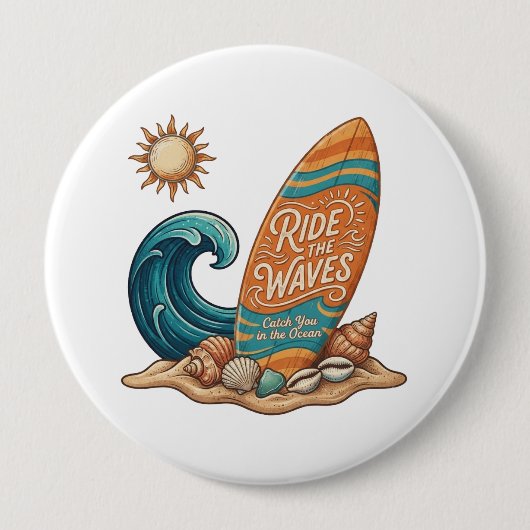 Ride the Waves Surfboard Illustration - Tropical B 缶バッジ (正面)