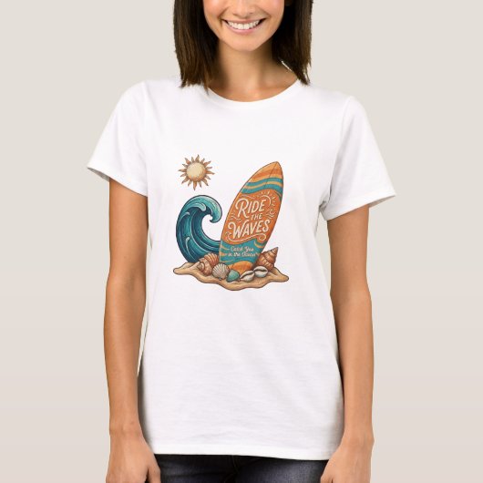 Ride the Waves Surfboard Illustration - Tropical S Tシャツ (正面)