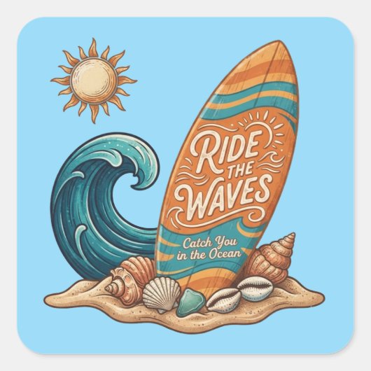 Ride the Waves" Surfing Summer Square Sticker スクエアシール (正面)