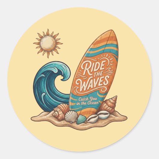 Ride the Waves" Surfing Summer Vibes Round Sticker ラウンドシール (正面)