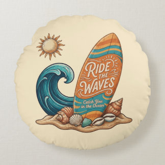 Ride The Waves - Vintage Surfing Round Decorative  ラウンドクッション