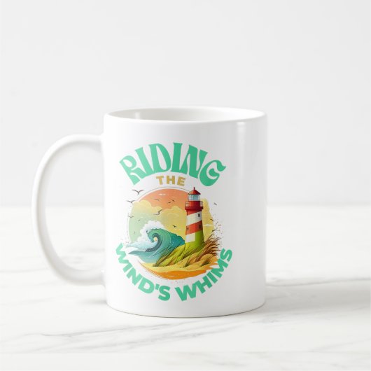 Riding The Wind's Whims Ocean Humor Lighthouse Sce コーヒーマグカップ (左)