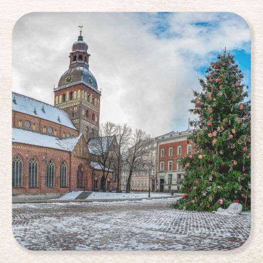 Riga Canvas Priのクリスマスツリーとドーム広場 スクエアペーパーコースター (正面)