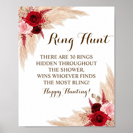 Ring Hunt Pampas Grass Bridal Shower Game Sign ポスター (正面)