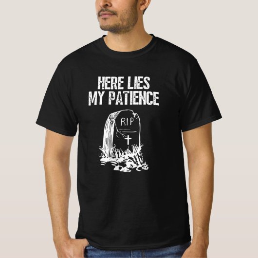 RIPここに私の忍耐の墓石おもしろいのレトロ Tシャツ (正面)