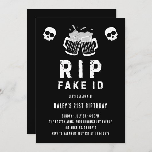 RIPフェイクIDおもしろいビール飲み冗談21歳の誕生日 招待状 (正面/裏面)