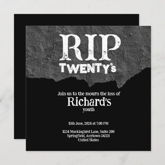 Rip 20の黒おもしろいい30歳の誕生日 招待状 (正面/裏面)