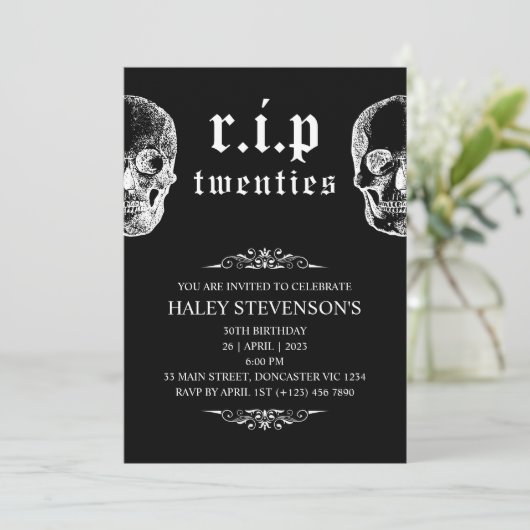RIP 20年代20代おもしろいスカル葬儀30歳の誕生日 招待状 (スタンド正面)