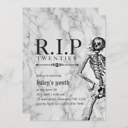 RIP 20年代20代おもしろいスカル葬儀30歳の誕生日 招待状 (正面/裏面)